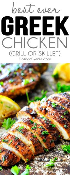 grilled chicken on a cutting board with lemons and parsley in the background