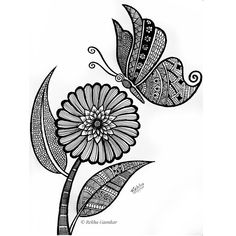 a black and white drawing of two butterflies flying over a flower