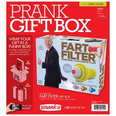 the front cover of prank gift box with an image of a man in a suit