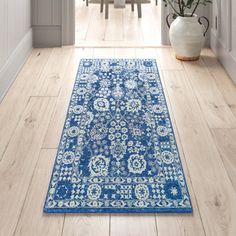 a blue rug is in the middle of a hallway