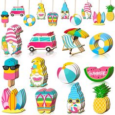 a bunch of different items that are on a white background with some watermelon and pineapples