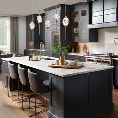 a large kitchen with an island in the middle and lots of counter space on one side