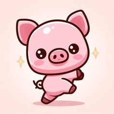 a cartoon pig running with stars around its neck and eyes on it's face