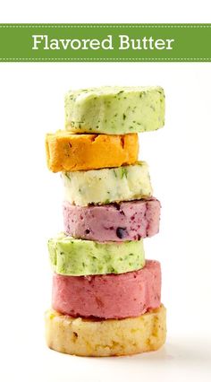 a stack of four different types of food with the words flavored butter on top