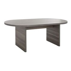 an oval wooden table with two legs and a grey finish on the top, against a white background