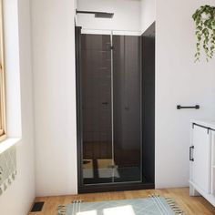 a bathroom with a walk in shower sitting next to a sink and toilet on top of a hard wood floor