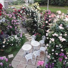 several tables and chairs sitting in the middle of a garden with flowers all around them