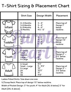 the t - shirt sizing and placement chart