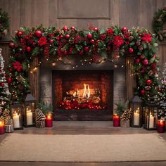 a fireplace decorated with christmas decorations and candles