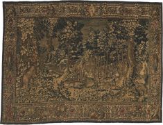 an old rug with animals and trees on it