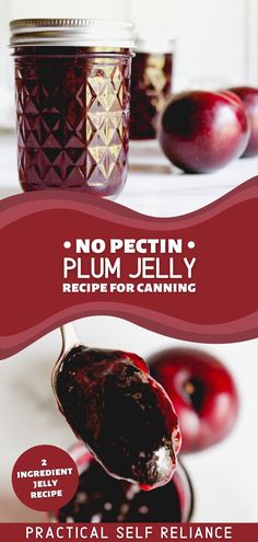 homemade plum jelly in a mason jar ready for canning and plum jelly on a spoon. Plum Jelly Recipe How To Make, Plum Jam For Canning, Plum Jam Canning Recipe, How To Make Plum Jelly, How To Freeze Fresh Plums, Plum Jelly Recipe No Pectin, Plum Pepper Jelly Recipe, Plum Jalapeno Jelly Recipe, Plum Syrup Recipe