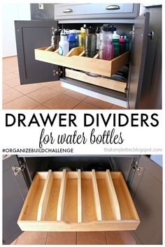 the drawers in this kitchen are organized and ready to be used as storage for water bottles