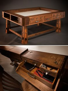 an old desk has been turned into a workbench with drawers for tools and other items