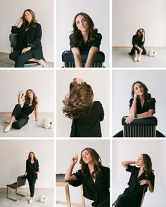 a woman sitting on a chair with her hair blowing in the wind and posing for pictures