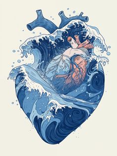 a drawing of a heart shaped wave with a woman in it's body on top