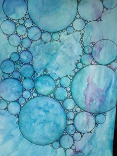 an abstract painting with blue circles and bubbles