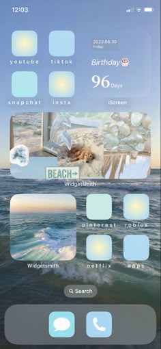 a ios iphone apple homescreen with a beach ocean summer theme aesthetic with mostly blue green and yellow Trendy Home Screen, Tropical Home Screen, Coastal Iphone Layout, Summer Wallpaper Bright, Phone Themes Beach, Beach Phone Theme Ideas, Beachy Home Screen, Beachy Phone Layout, Beach Home Screen