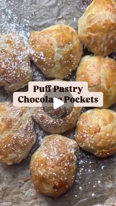 puff pastry chocolate pockets with powdered sugar sprinkled on top and the words puff pastry chocolate pockets