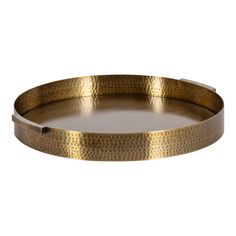 a round brass tray with handles on an isolated white background, it is made out of metal