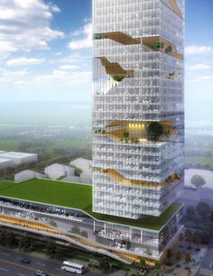 an artist's rendering of a tall building with lots of windows on the side