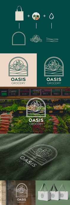 the logo design for oasis is shown in green and white colors, with an image of flowers