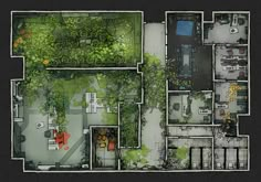 an aerial view of a courtyard with trees and plants