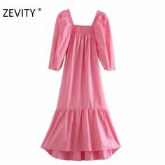 Brand Name: ZEVITYSilhouette: StraightOrigin: CN(Origin)Season: AutumnNeckline: Square CollarSleeve Style: Puff SleeveDecoration: RUFFLESStyle: High StreetDresses Length: Mid-CalfMaterial: COTTONAge: Ages 18-35 Years OldModel Number: DS4425Sleeve Length(cm): ShortGender: WOMENWaistline: Natural FactorsPattern Type: Solid Sundress Long, Pink Cotton Dress, Loose Midi Dress, Sun Dresses, Evening Dresses With Sleeves, Ladies Gown, Evening Outfits, Puffed Sleeves Dress, Formal Outfit