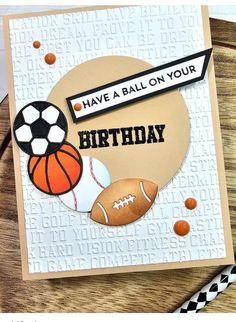 a birthday card with an image of a basketball, ball and soccer on it