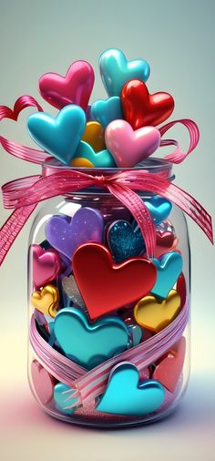 a glass jar filled with lots of hearts