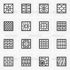 set of nine abstract geometric designs in black on white background, each with different shapes and sizes