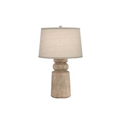 a wooden table lamp with a white shade on the base and a beige linen lampshade