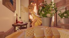 an animated image of a woman in a yellow dress sitting on a bed next to a potted plant