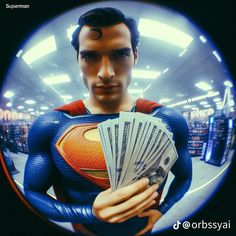 a man in a superman costume holding cash