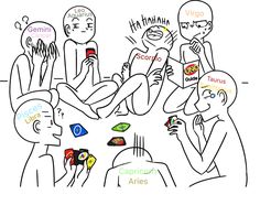 a drawing of people sitting around each other with different types of food in their hands