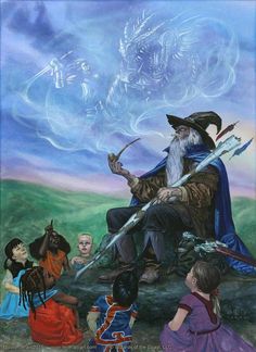 the wizard is sitting on top of a hill with his staffs and children looking at him