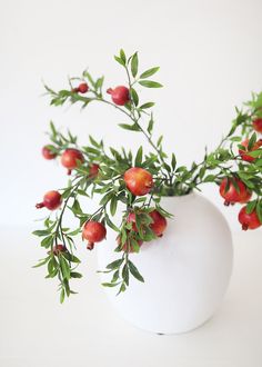 a white vase filled with red berries and green leaves