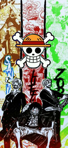 a drawing of a skull with a hat on sitting next to two men in front of a colorful background