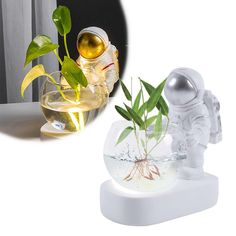 an astronaut planter is shown next to a photo of a potted plant in a glass vase