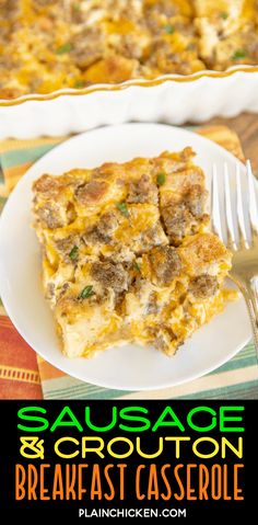 sausage and crouton breakfast casserole on a white plate with a fork