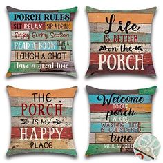 four decorative pillows with different sayings on the front and back, each featuring an image of