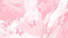 three butterflies flying in the air over a pink background with trees and water behind them