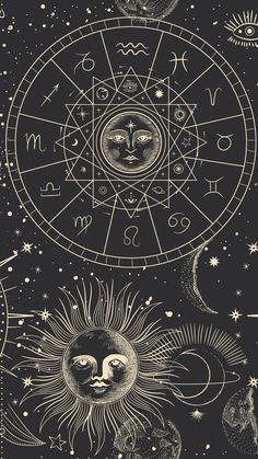 the sun, moon and stars are depicted in this black and white drawing by person