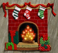 a christmas fireplace with stockings and stockings hanging on it's mantle for $ 34 99