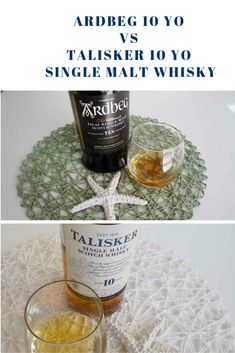 two bottles of whisky on top of a doily with the caption ardbegyo vs talisker 10 yo single malt whisky