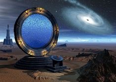 an image of a futuristic space station in the middle of desert land with distant objects