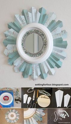 a collage of photos showing how to make a sunburst mirror from scrapbook pages