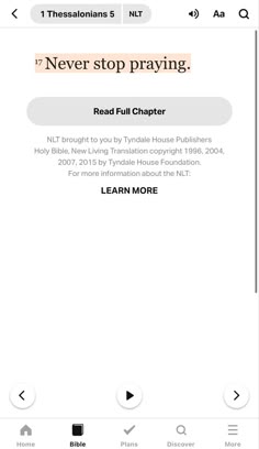 a cell phone with the text never stop praying read fullchapter on it