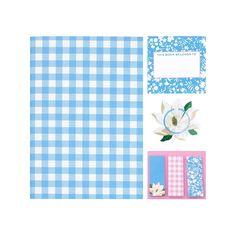 a blue and white checkered paper with flowers