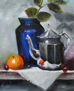 a painting of a blue teapot and oranges