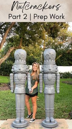 Liz Rishel | DIY Home & Garden on Instagram: "It is time!! Nope, this isn’t the final look. Although, I don’t mind this stone/statue vibe going on. The nutcrackers just got a coat of gray primer so their transformation can officially begin. Last thing we want is the new paint color scratching off. Promise you, the prep work is always worth it!" How To Build A Nutcracker, 6ft Nutcracker Diy, Spray Painted Nutcracker Diy, Large Outdoor Nutcracker, How To Paint Nutcracker, Walmart Painted Nutcracker, Giant Nutcracker Makeover, Diy Walmart Nutcracker, Nutcracker Diy Painting